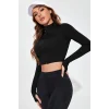 Kadın Siyah Uzun Kol Fermuarlı Parmak Geçme Detaylı Dik Yaka Crop Top Bluz