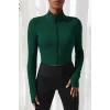 Kadın Yeşil Uzun Kol Fermuarlı Parmak Geçme Detaylı Dik Yaka Crop Top Bluz