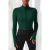 Kadın Yeşil Uzun Kol Fermuarlı Parmak Geçme Detaylı Dik Yaka Crop Top Bluz