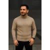 Luz&Pos Erkek Balıkcı Yaka Bağazlı Triko Kazak Pamuklu Kalın Fitilli Dokuma, Regular Fit Uzun Kollu Kışlık Model - Bej