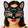 Siyah Renk Üzeri Mavi Kırmızı Simli Süet Kaplama Kedi Maskesi 17x14 cm