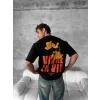 Ön ve Arka Baskılı Oversize Bisiklet Yaka T-shirt- Siyah