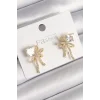Pirinç Gold Renk Zirkon Taşlı Kurdele Model Kadın Küpe