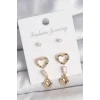 Pirinç Gold Renk Zirkon Taşlı Sallantı Kalp Model Kadın 3 Çift Küpe Seti