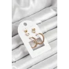 Pirinç Zirkon Taş Ve Kemik Halka Figürlü Gold Renk 3lü Çift Kadın Küpe Set