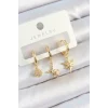 Pirinç Zirkon Taşlı Yıldız Model Gold Renk 3lü Çift Kadın Küpe Set
