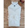 Luz&Pos Yenidoğan Beyaz Wool Yün Kumaş Ayıcık Kulaklı Kundak Bebek Battaniyesi Beyaz