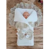 Luz&Pos Yenidoğan Beyaz Wool Yün Kumaş Taç Nakışlı Trilüks Kundak Bebek Battaniyesi Beyaz