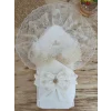 Luz&Pos Yenidoğan Sahra Taç Nakışlı Plazma Taşlı Güpürlü Fiyonklu Duvaklı Trilüks Kundak Bebek Battaniyesi Sütlü Kahve