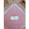 Luz&Pos Yenidoğan Wool Yün Kumaş Taç Nakışlı Güpür Duvaklı Fiyonk Prizma Taş Unisex Kundak Bebek Battaniyesi Pembe