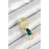 Yeşil Damla Zirkon Taşlı Kraliçe Taçlı Kedi Figürlü Gold Renk Kadın Broş
