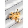 Zirkon Taşlı Siyah Çizgili Turuncu Kaplan Figürlü Gold Renk Kadın Broş