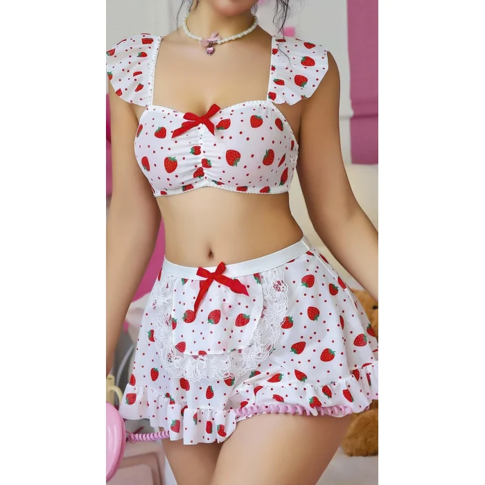 Luz&Pos Arias Closet Beyaz Çilek Desenli Etekli Fantezi Sütyen Takım