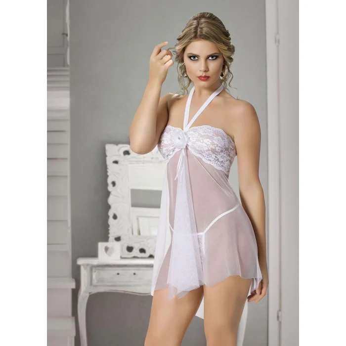 Luz&Pos Arias Closet Beyaz Dantel İşlemeli Boyundan Bağlamalı Fantezi Tül Gecelik