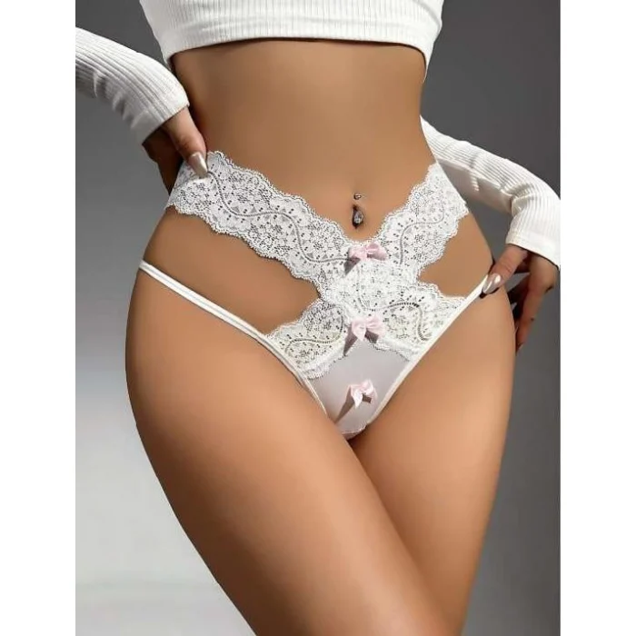 Luz&Pos Arias Closet Beyaz Pembe Kurdelalı Dantelli Fantezi String Tanga