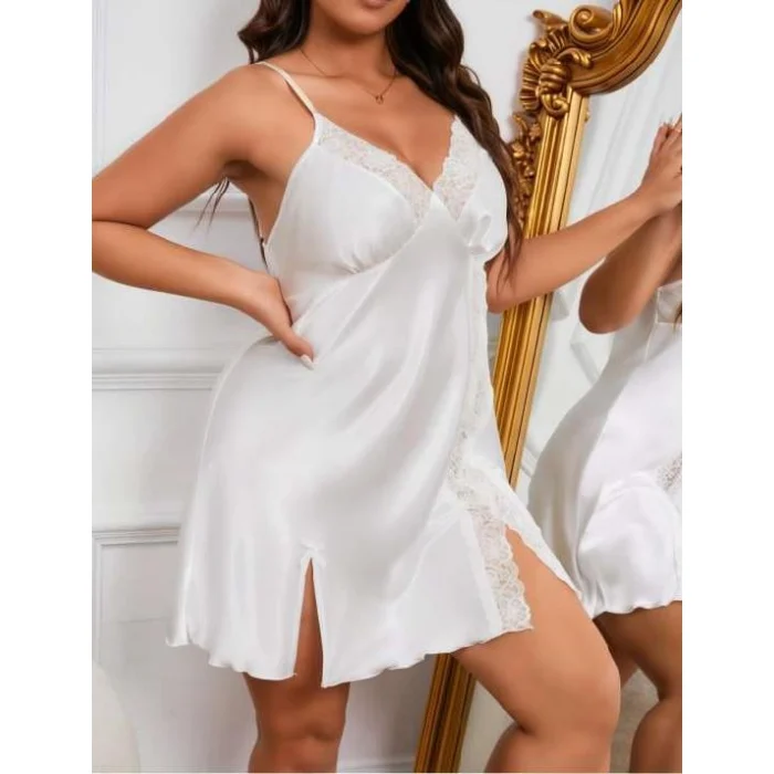 Luz&Pos Arias Closet Büyük Beden Dantel İşlemeli Beyaz Saten Gecelik