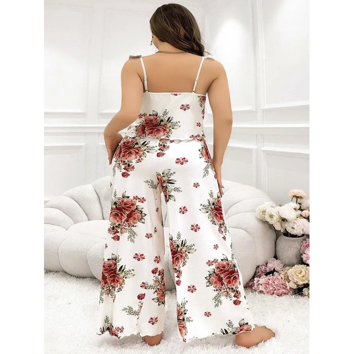 Luz&Pos Arias Closet Büyük Beden Gül Desenli İnce Askılı Beyaz Salaş 2li Takım