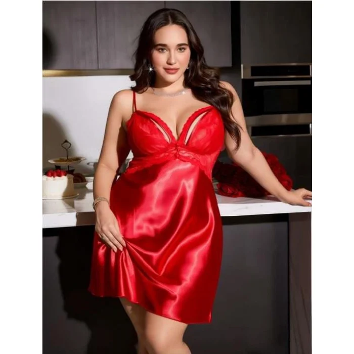 Luz&Pos Arias Closet Büyük Beden Kırmızı Dantel Detaylı Saten Gecelik