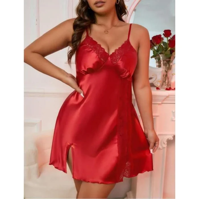 Luz&Pos Arias Closet Büyük Beden Kırmızı Dantel Detaylı Saten Gecelik