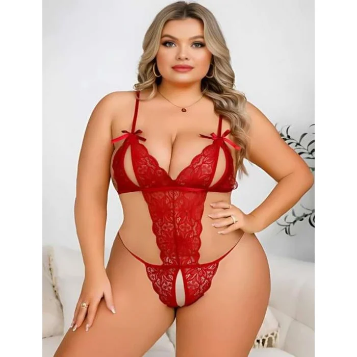 Luz&Pos Arias Closet Büyük Beden Kırmızı Dantel İşlemeli Dekolteli Fantezi Babydoll