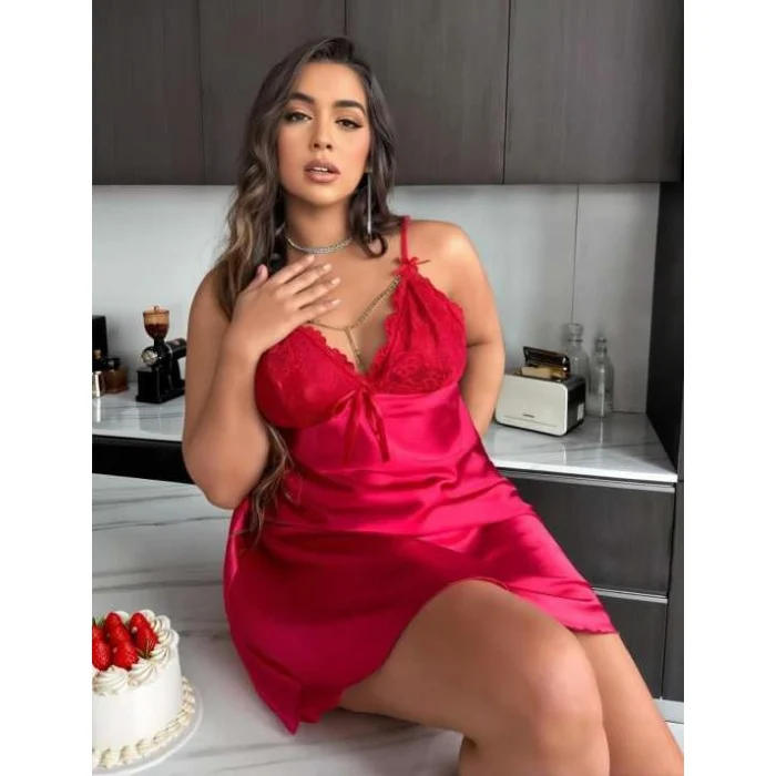 Luz&Pos Arias Closet Büyük Beden Kırmızı Dantel İşlemeli Saten Gecelik