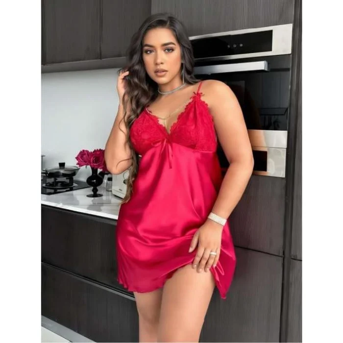 Luz&Pos Arias Closet Büyük Beden Kırmızı Dantel İşlemeli Saten Gecelik