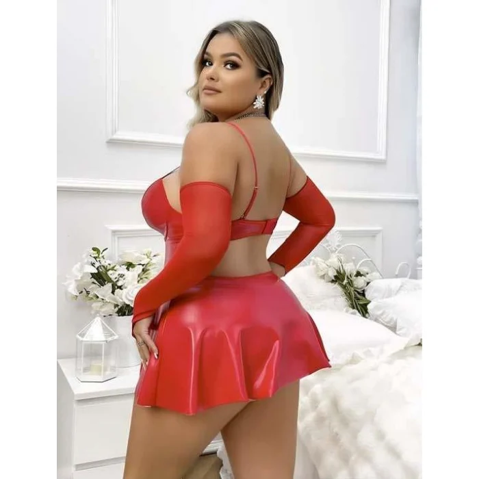 Luz&Pos Arias Closet Büyük Beden Kırmızı Parlak Deri Fantezi Elbise