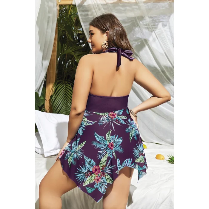 Luz&Pos Arias Closet Büyük Beden Mor Üstüne Çiçek Desenli Boyundan Bağlamalı Elbise