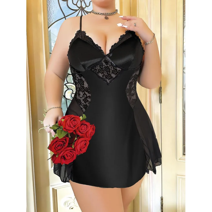 Luz&Pos Arias Closet Büyük Beden Siyah Dantel İşlemeli İnce Askılı Saten Gecelik