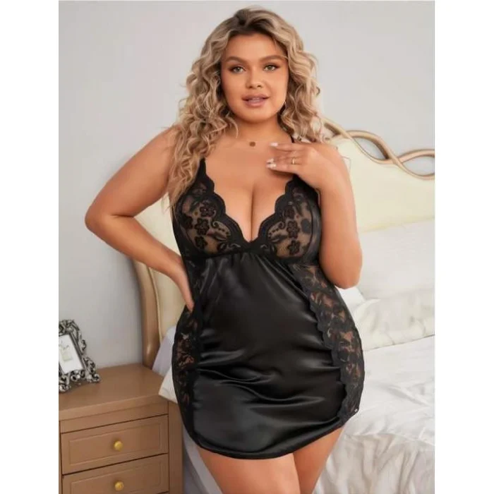 Luz&Pos Arias Closet Büyük Beden Siyah Dantel İşlemeli Saten Gecelik