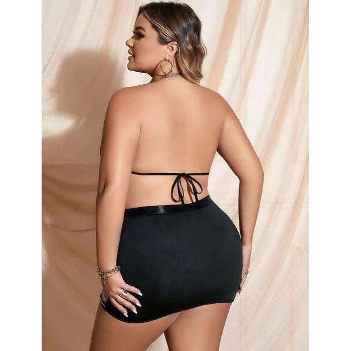 Luz&Pos Arias Closet Büyük Beden Siyah Deri Zincir Detaylı Etekli Fantezi Takım