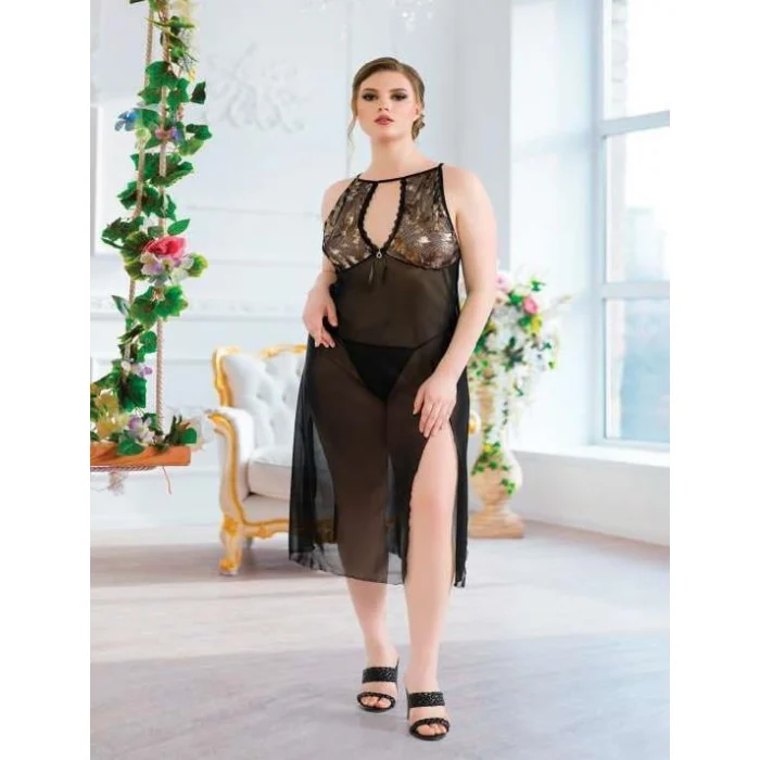 Luz&Pos Arias Closet Büyük Beden Siyah Tül Fantezi Uzun Yırtmaçlı Gecelik