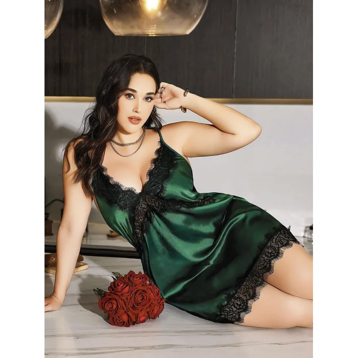 Luz&Pos Arias Closet Büyük Beden Yeşil Dantel İşlemeli İnce Askılı Saten Fantezi Gecelik