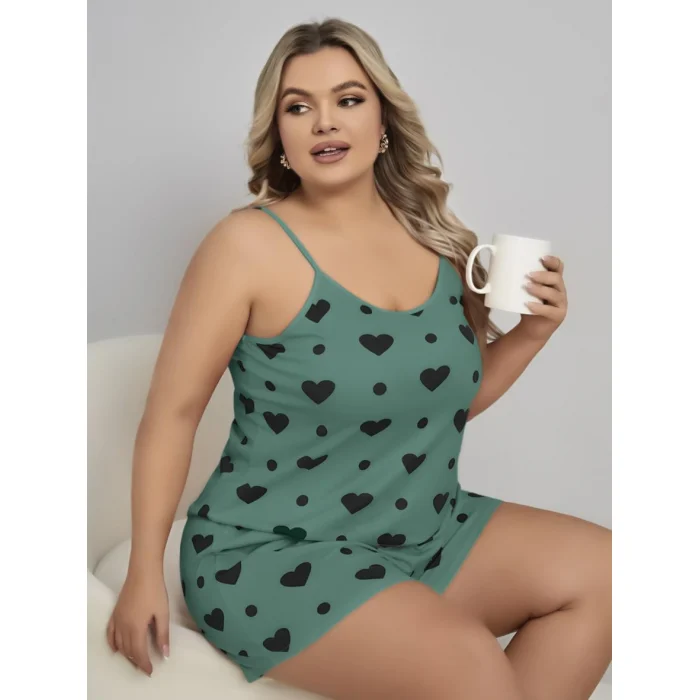 Luz&Pos Arias Closet Büyük Beden Yeşil Kalp Desen Pamuklu Şortlu Pijama Takımı