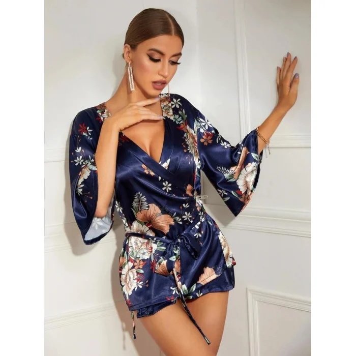 Luz&Pos Arias Closet Çiçek Desenli Mavi Mini Saten Gecelik Sabahlık