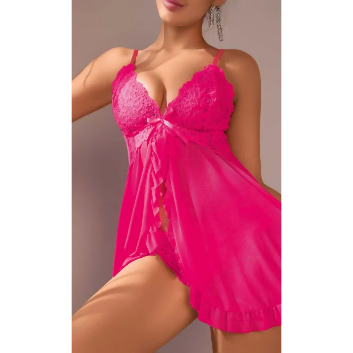 Luz&Pos Arias Closet Fuşya Dantel İşlemeli Yırtmaçlı Transparan Fantezi Tül Gecelik