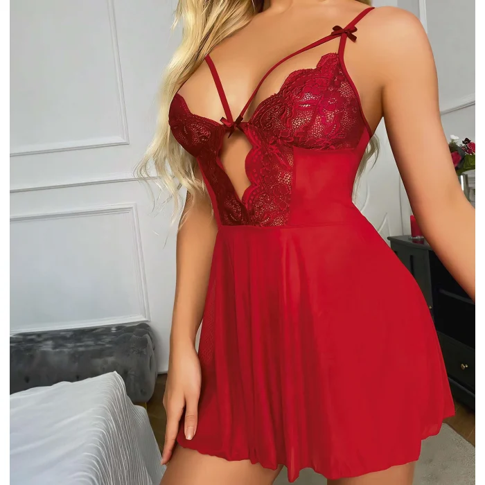 Luz&Pos Arias Closet Kırmızı Dantel İşlemeli Göğüs İp Detaylı Fantezi Tül Gecelik Takımı