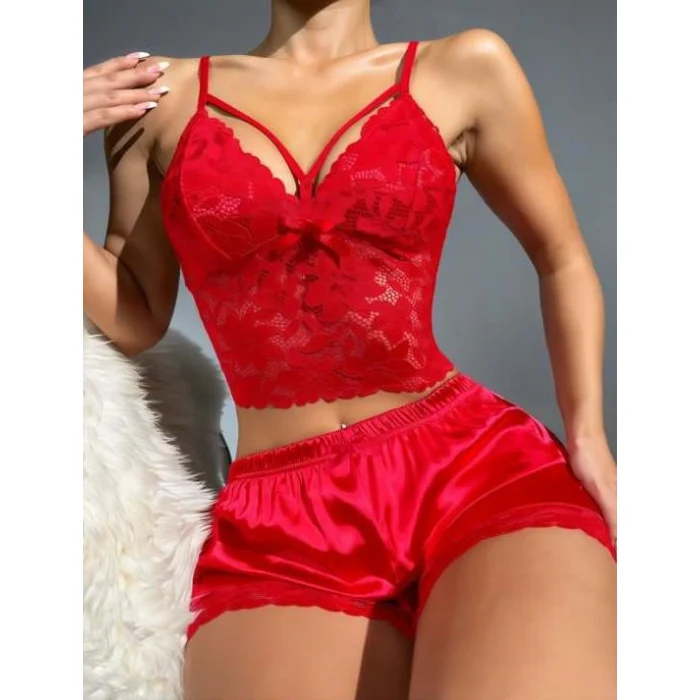 Luz&Pos Arias Closet Kırmızı Dantelli Büstiyer İnce Askılı Saten Şortlu Takım