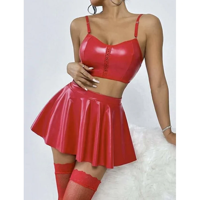 Luz&Pos Arias Closet Kırmızı Etekli Fantezi Deri Şık Elbise