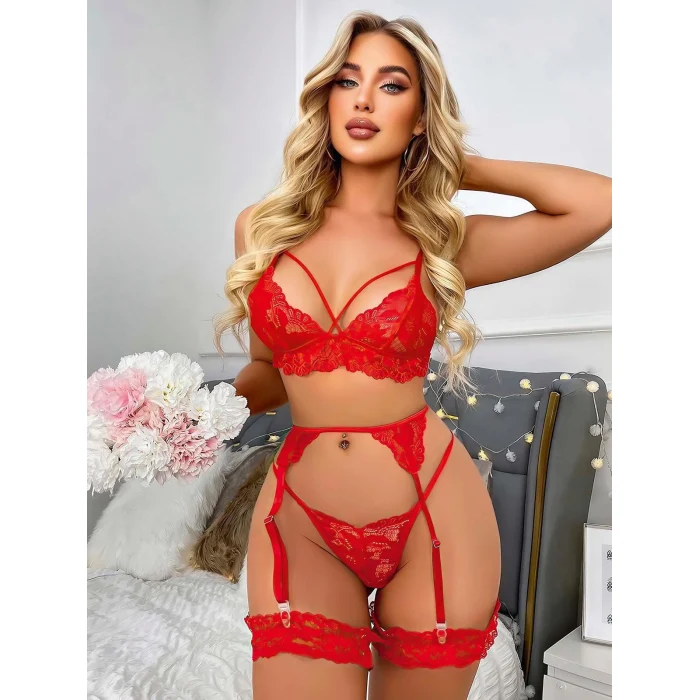 Luz&Pos Arias Closet Kırmızı Göğüs İp Detaylı Dantel İşlemeli Fantezi Jartiyer Takımı