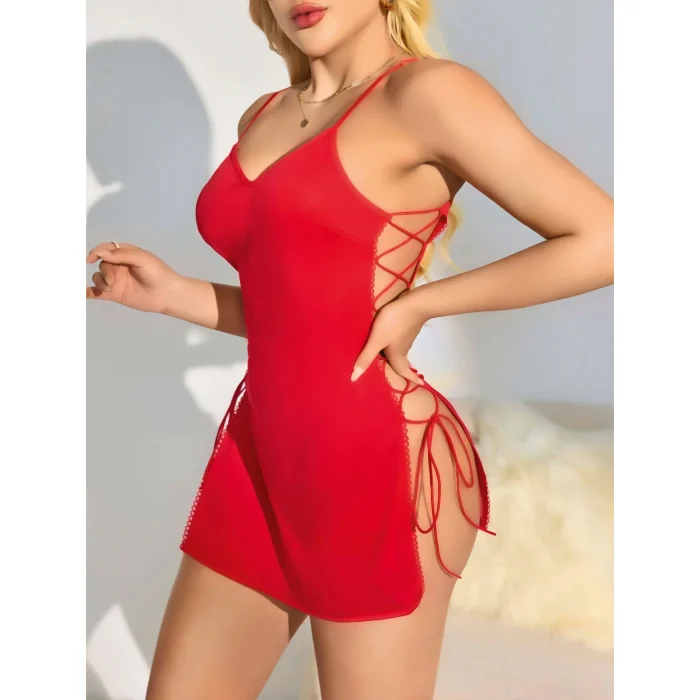 Luz&Pos Arias Closet Kırmızı Yanları İp Detaylı Fantezi Gecelik