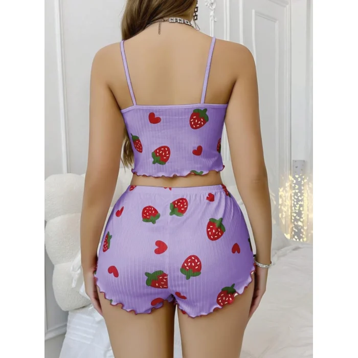 Luz&Pos Arias Closet Pamuklu Lila Üstüne Çilek Desen Fitilli Askılı Şortlu Pijama Takımı