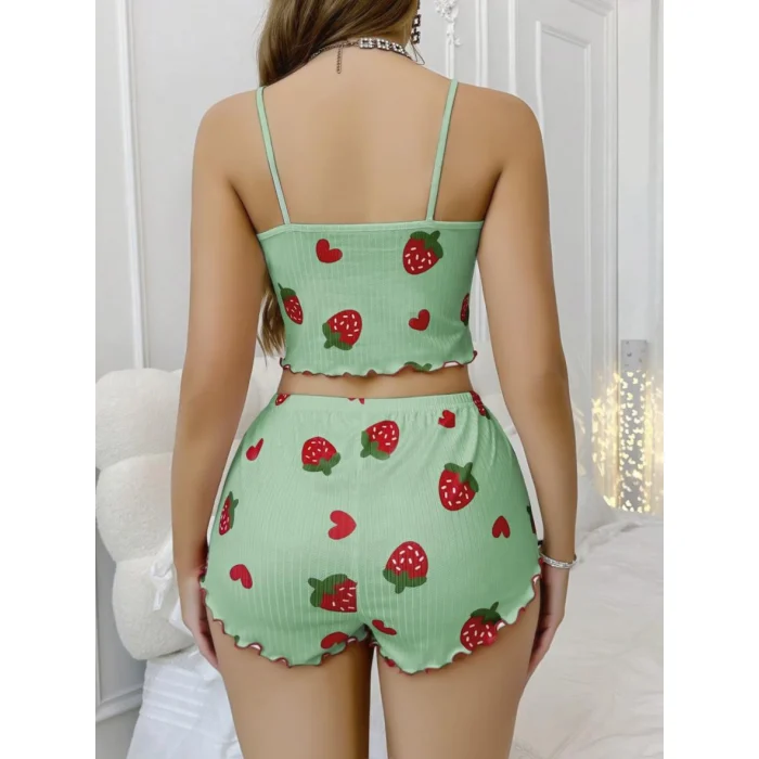 Luz&Pos Arias Closet Pamuklu Yeşil Üstüne Çilek Desen Fitilli Askılı Şortlu Pijama Takımı