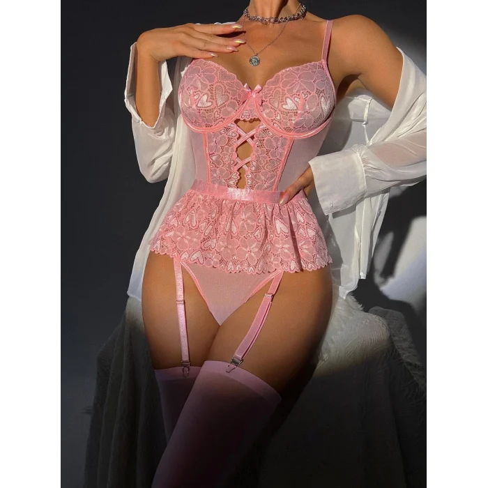 Luz&Pos Arias Closet Pembe Dantel İşlemeli Kalp Desenli Fantezi Jartiyer Takımı