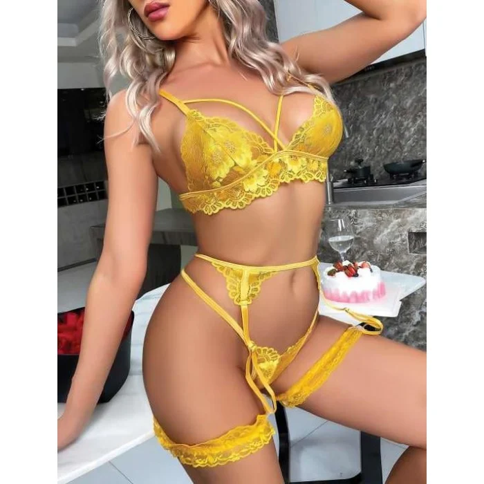 Luz&Pos Arias Closet Sarı Göğüs İp Detaylı Fantezi Jartiyer Takım