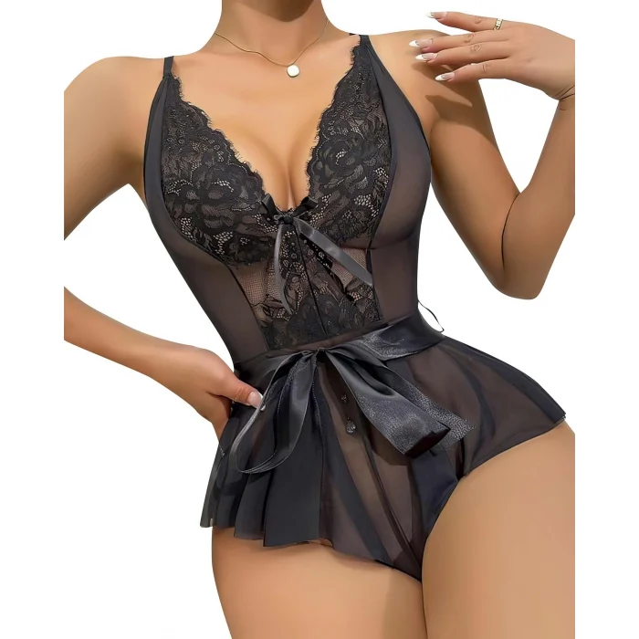 Luz&Pos Arias Closet Siyah Dantel İşlemeli Kurdelalı Fantezi Tül Babydoll