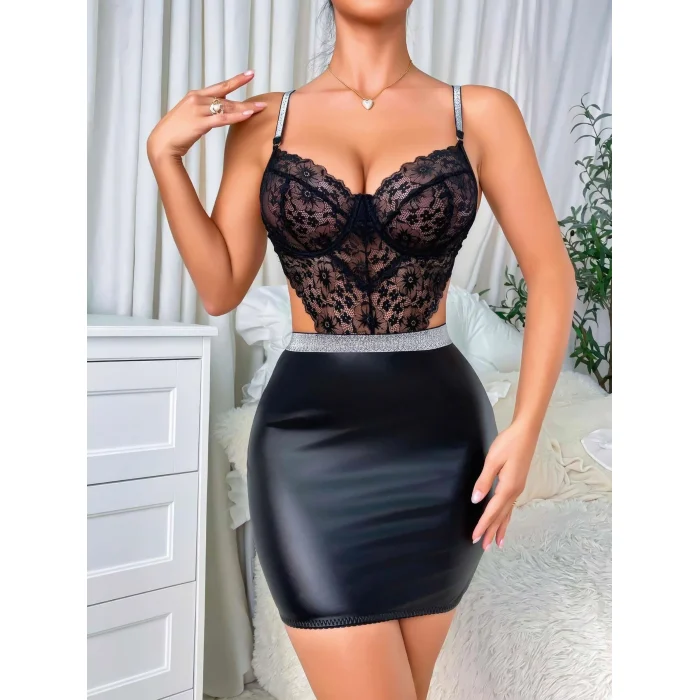 Luz&Pos Arias Closet Siyah Dantelli Dekolteli Mini Fantezi Parlak Deri Gecelik