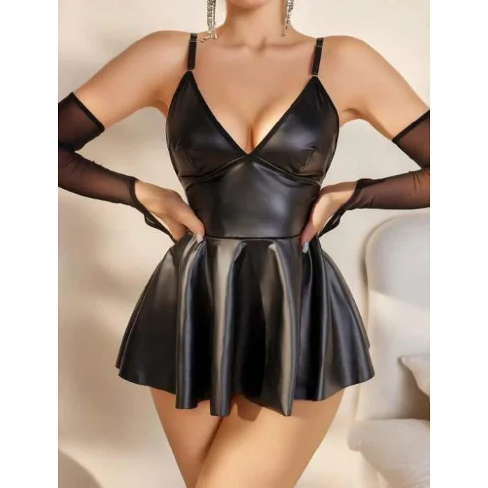 Luz&Pos Arias Closet Siyah Etekli Fantezi Deri Elbise