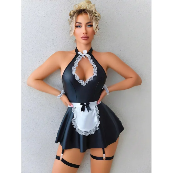 Luz&Pos Arias Closet Siyah Göğüs Dekolteli Boyundan Bağlamalı Mini Etekli Fantezi Deri Hizmetçi Kostümü