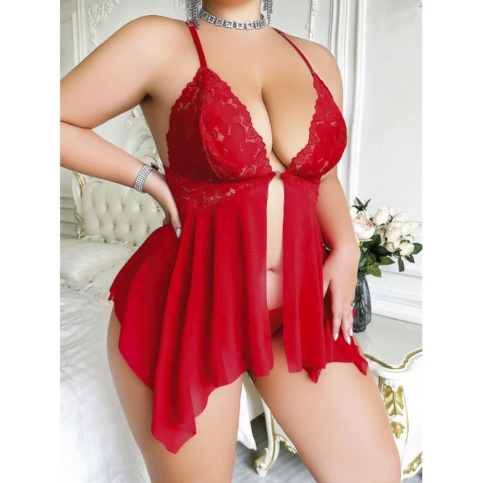 Luz&Pos Arias Closet Büyük Beden Dantel İşlemeli Fırfırlı Dekolteli Fantezi Tül Kırmızı Gecelik